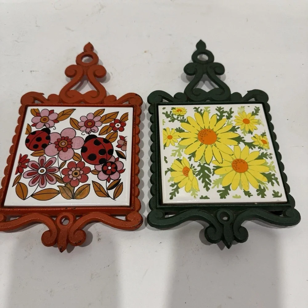 Pair Vtg 70s Ceramic Tile Cast Iron Trivet Green Orange Ladybugs Flowers Japan